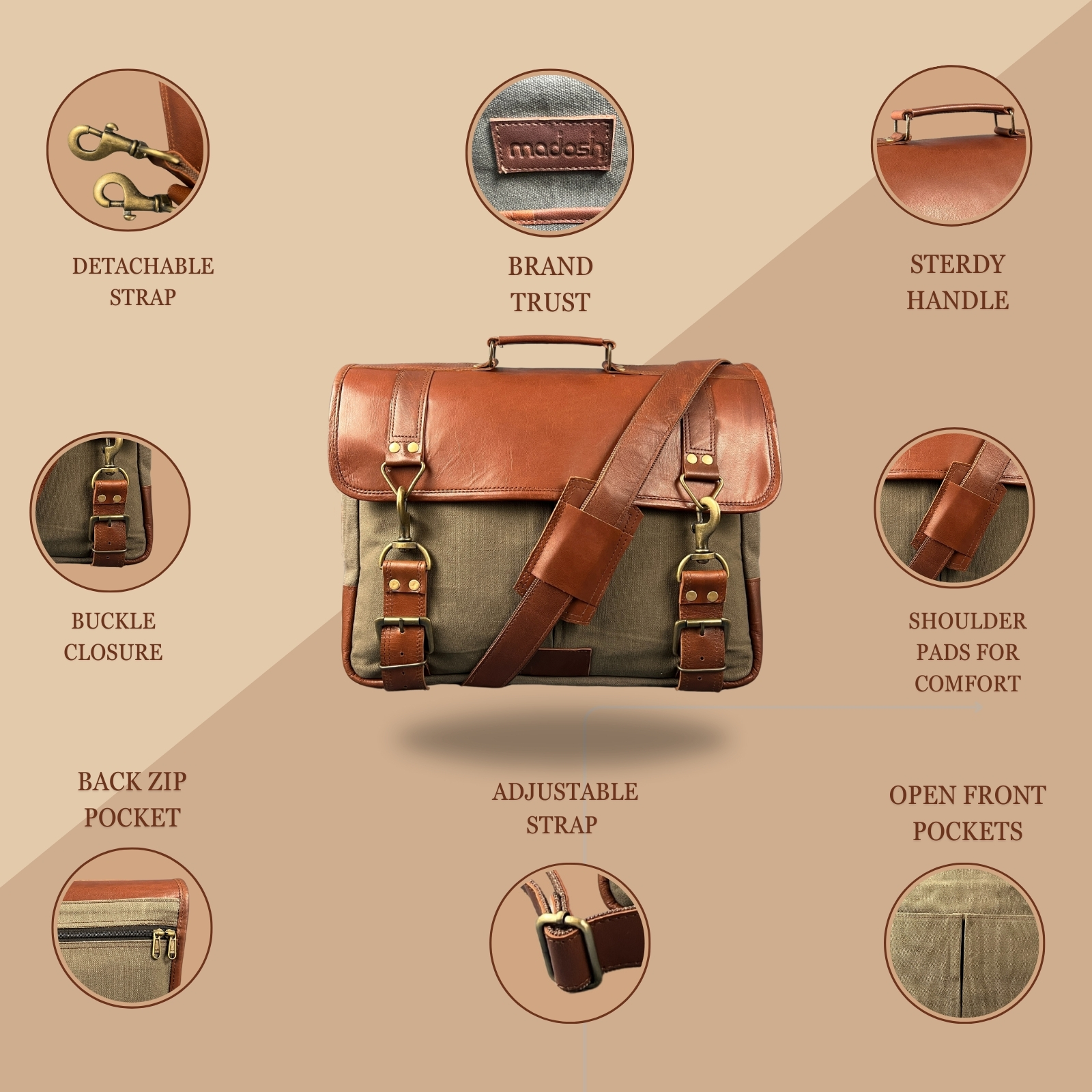 Madosh Genuine Brown Leather  Canvas Laptop Men’s Briefcase Side Crossbody Office Shoulder Business Messenger Laptop Handbag for men